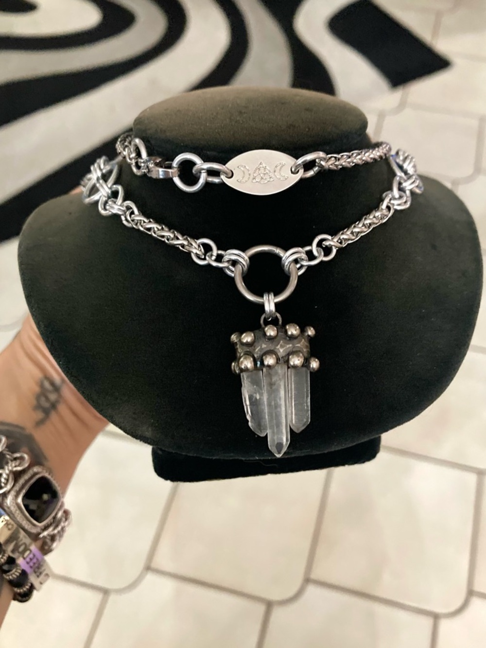 Handmade Genuine raw crystal quartz maille stainless steel boho goth necklace - Picture 8 of 16